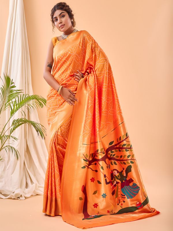 Orange Bandhani Printed Saree In Silk
