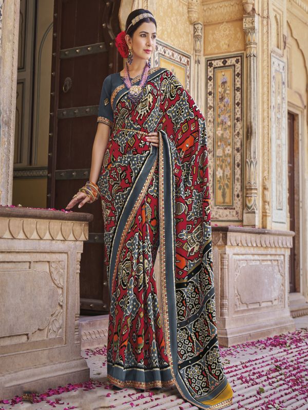 Red Festive Patola Silk Saree In Print