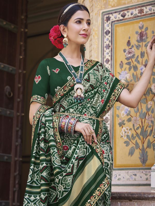 Dark Green Patola Silk Printed Festive Saree