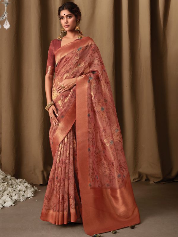 Red Floral Printed Party Saree In Tissue Silk