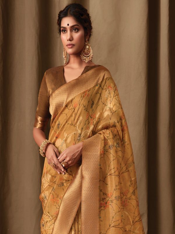 Golden Traditional Tissue Silk Saree In Floral Print