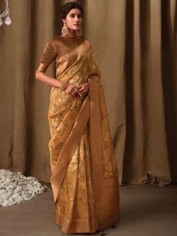 Golden Traditional Tissue Silk Saree In Floral Print