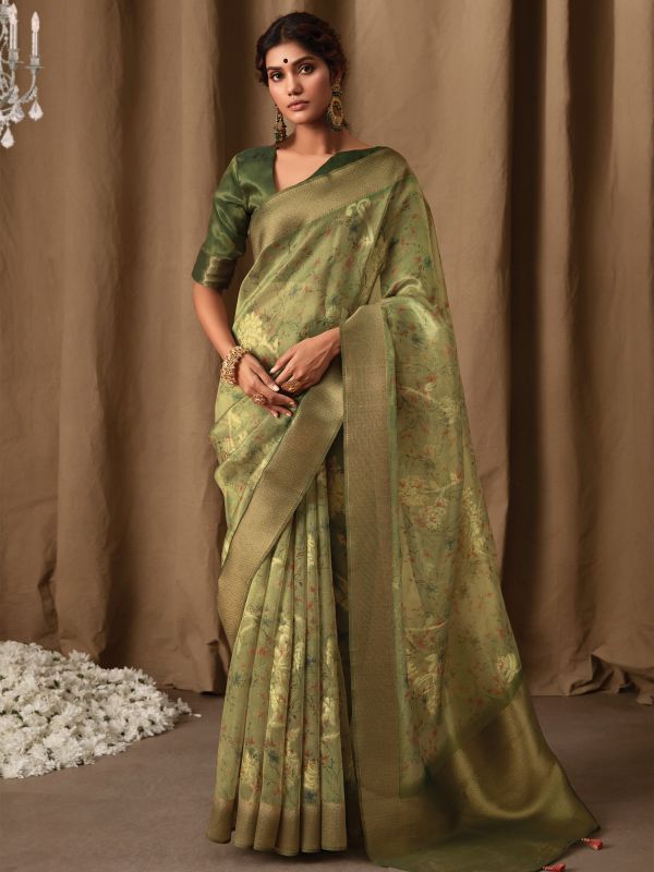 Green Festive Printed Saree In Tissue Silk