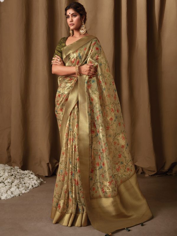 Green Tissue Silk Saree In Floral Print With Blouse