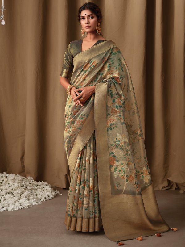 Brown Traditional Saree In Tissue Silk With Prints