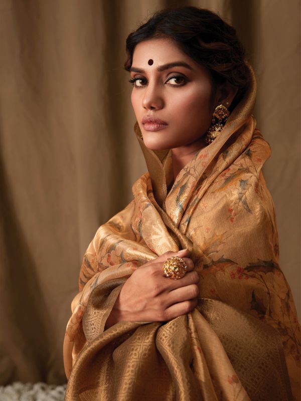 Golden Festive Tissue Silk Saree With Blouse