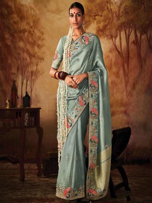 Blue Traditional Banarasi Silk Saree In Zari Work