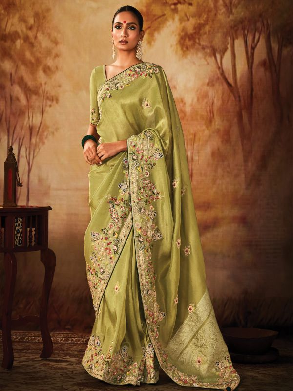 Green Banarasi Silk Saree In Stone Embroidery