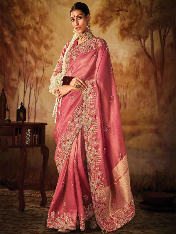 Pink Zari Embellished Saree In Banarasi Silk