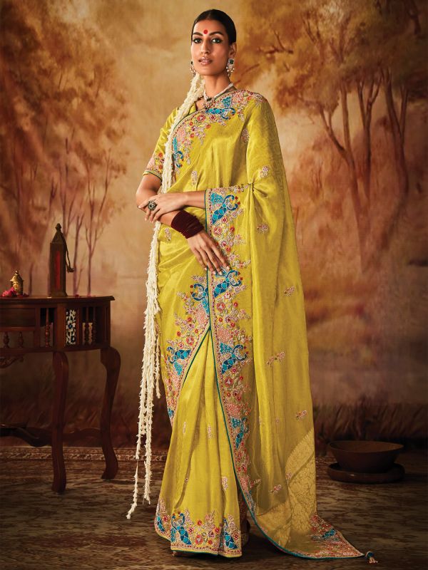 Yellow Zari Work Festive Saree In Banarasi Silk