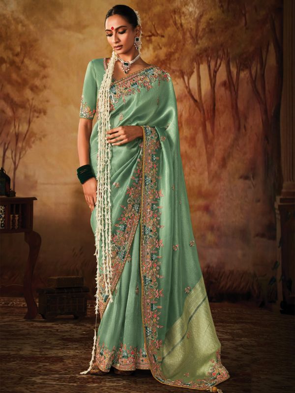 Green Festive Silk Saree With Heavy Stone Border