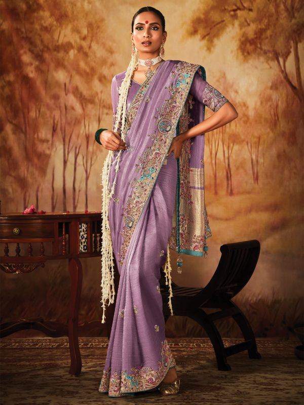 Purple Zari Work Embroidery Banarasi Silk Saree