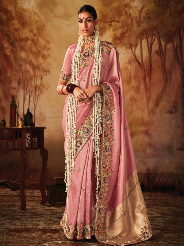 Pink Banarasi Silk Saree With Embroidered Blouse