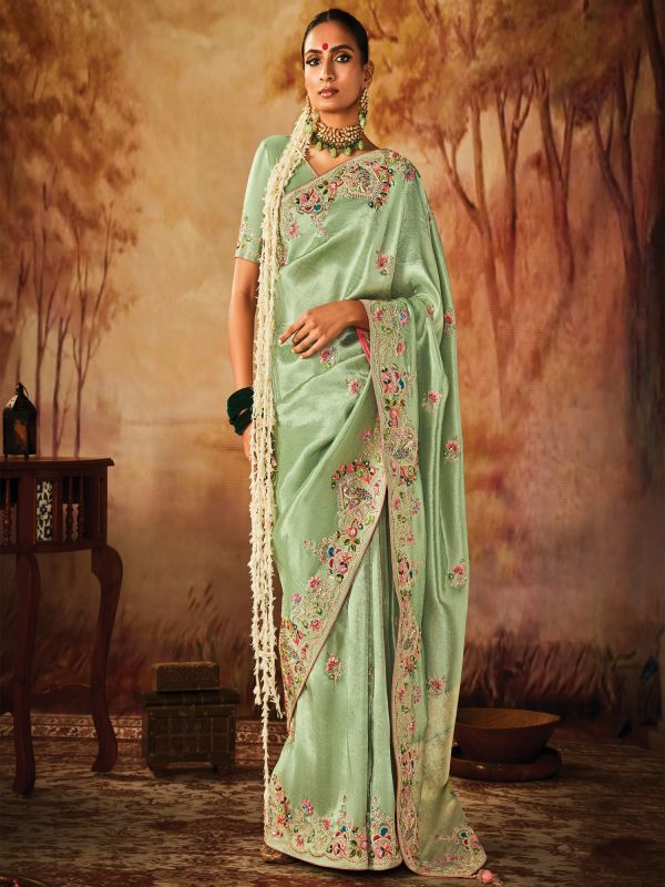 Green Thread Embroidery Festive Wear Silk Saree