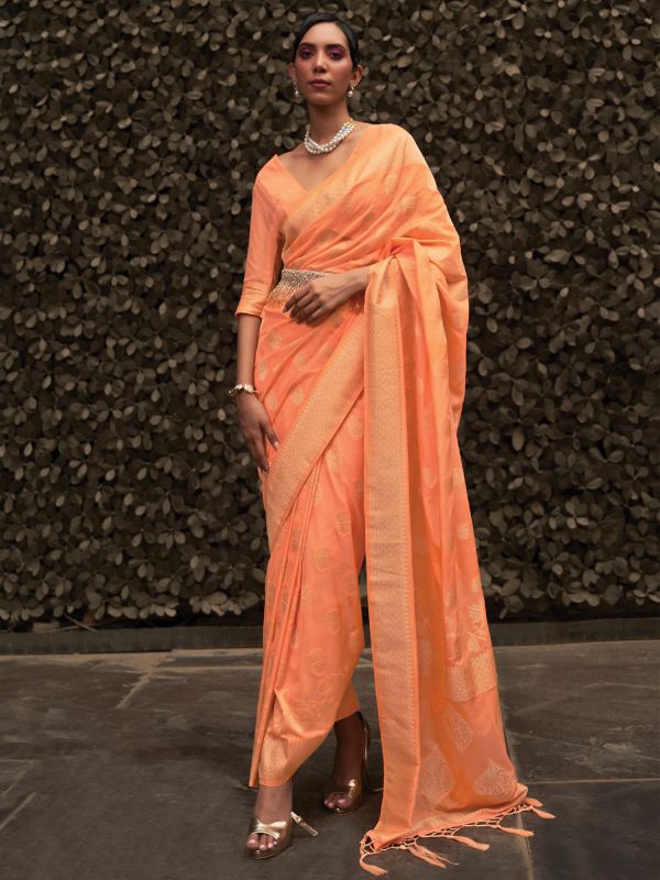 Orange Digital Printed Saree In Chinon Silk