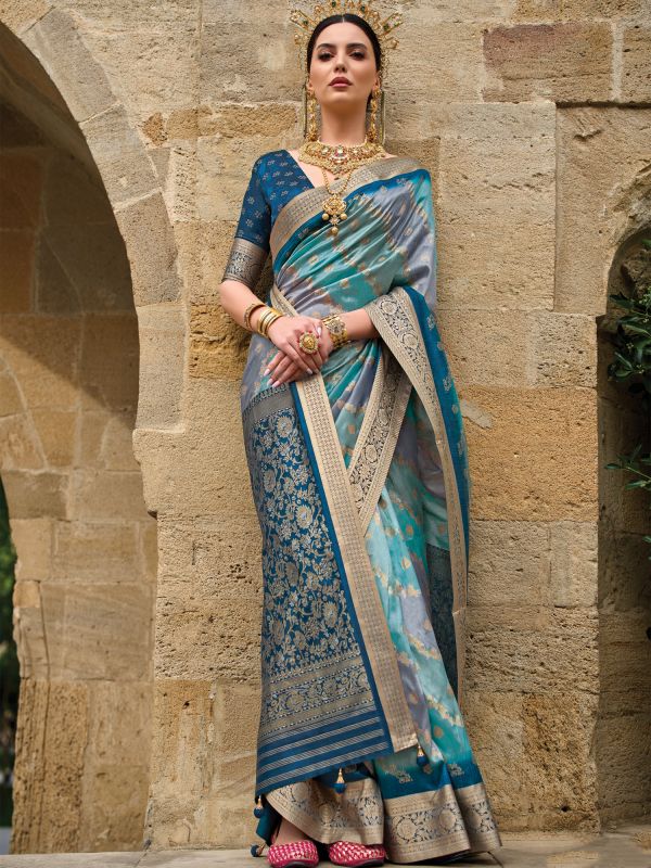 Turquoise Silk Party Wear Saree In Print