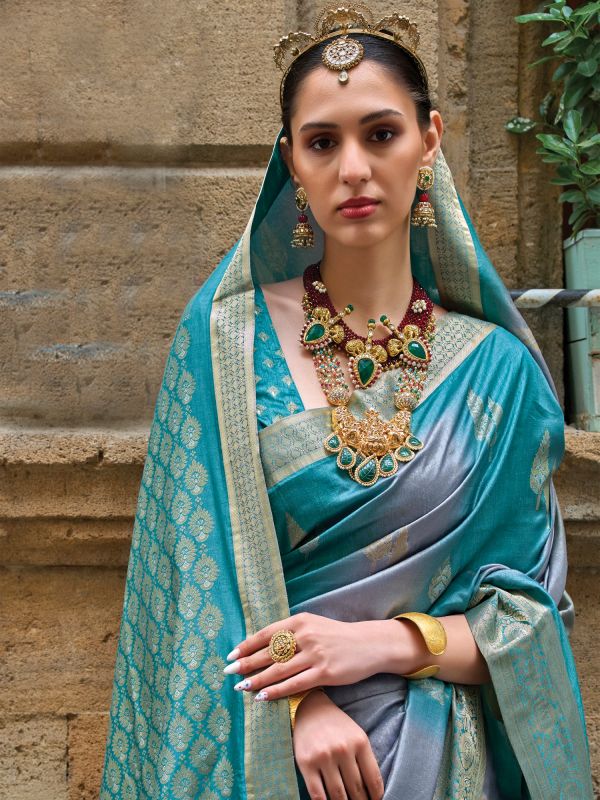 Turquoise Digital Printed Saree In Silk