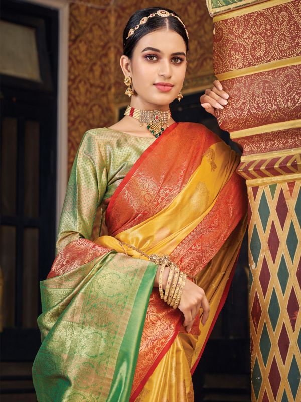 Yellow Festive Wear Silk Saree In Zari Weaving