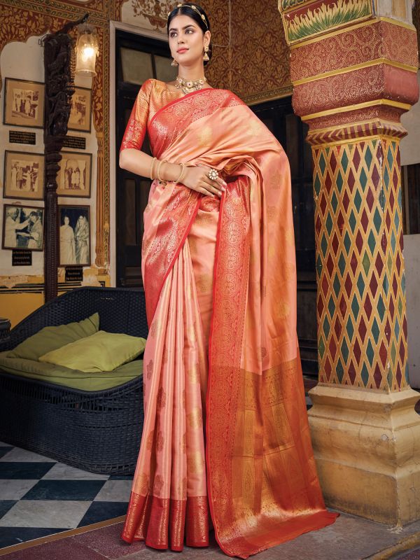 Peach Zari Weaving Traditional Saree In Silk