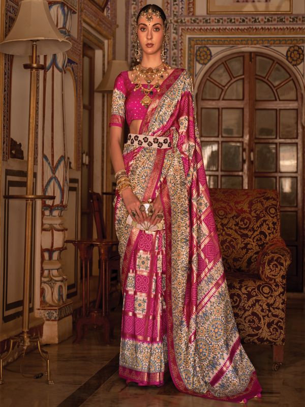 Pink Traditional Printed Festive Saree In Silk