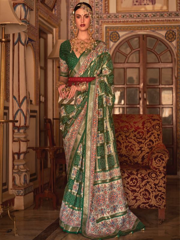 Green Bandhej Printed Saree In Silk