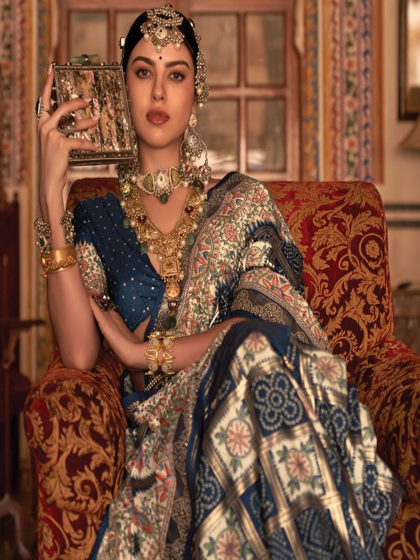 Blue Silk Woven Saree In Digital Print