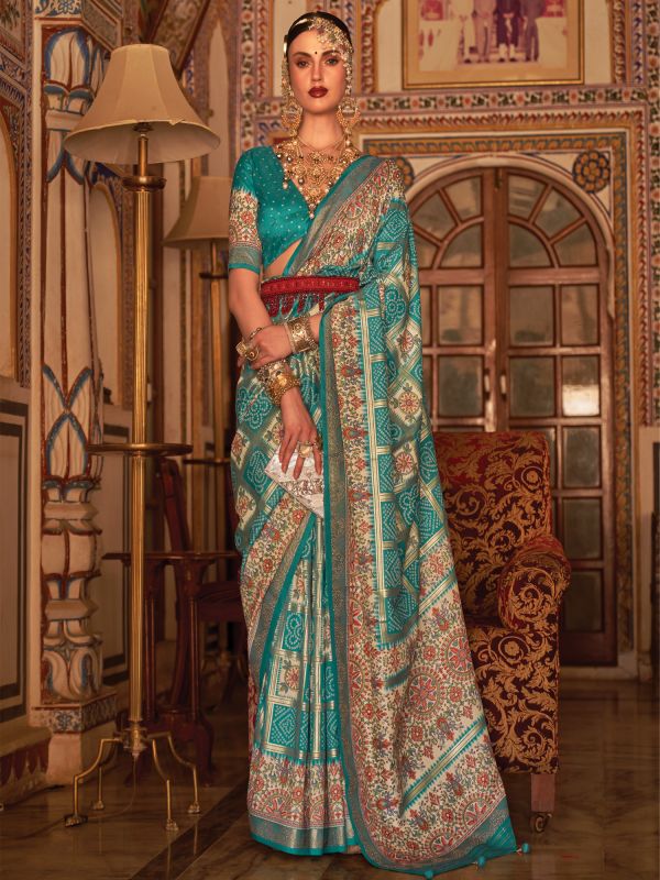 Blue Festive Saree In Silk With Digital Print