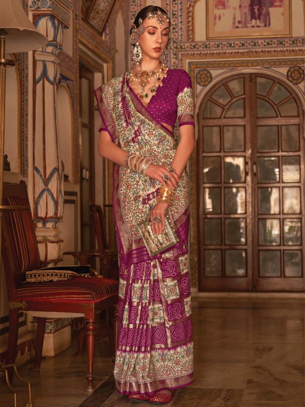 Purple Silk Saree In Silk With Traditional Print