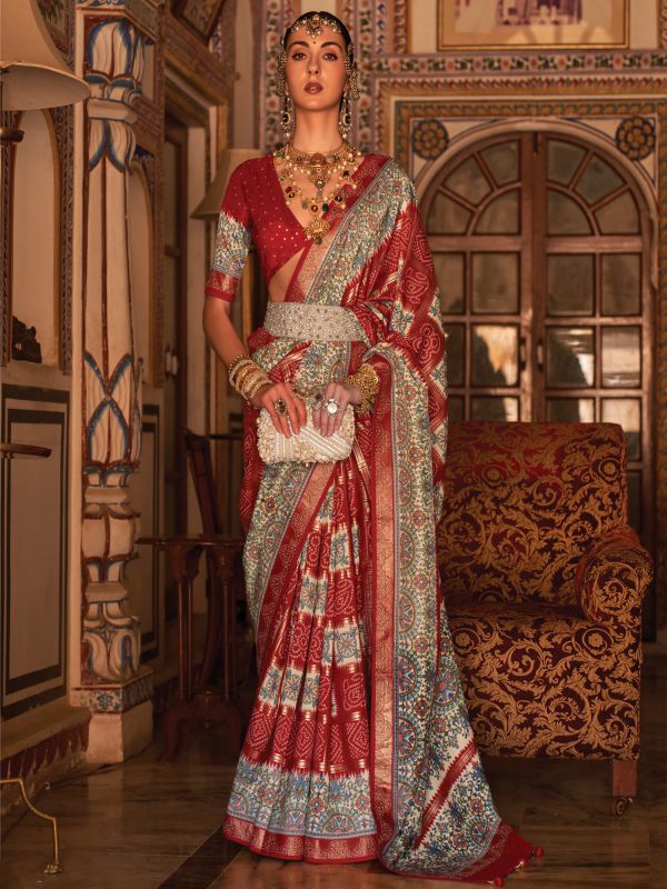 Red Traditional Silk Saree In Thread Work