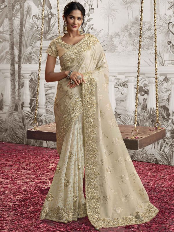 Off White Floral Zari Embroidered Saree In Silk