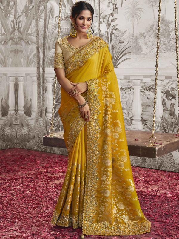 Yellow Stone Augmented Wedding Festive Silk Saree