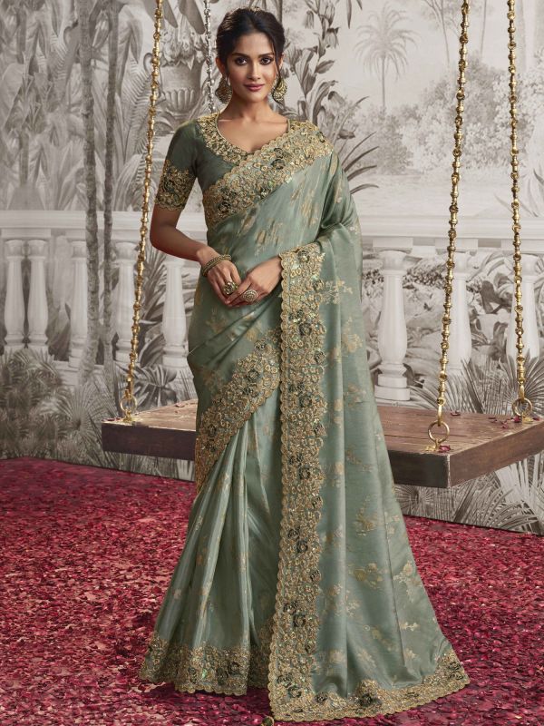 Sage Green Zari Work Embellished Silk Saree