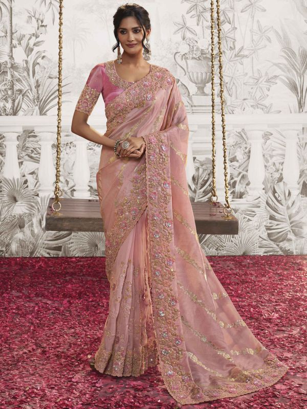 Rose Pink Floral Thread Embroidered Silk Saree