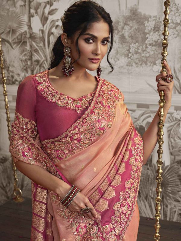Pink Shaded Half And Half Silk Saree In Zari Embroidery