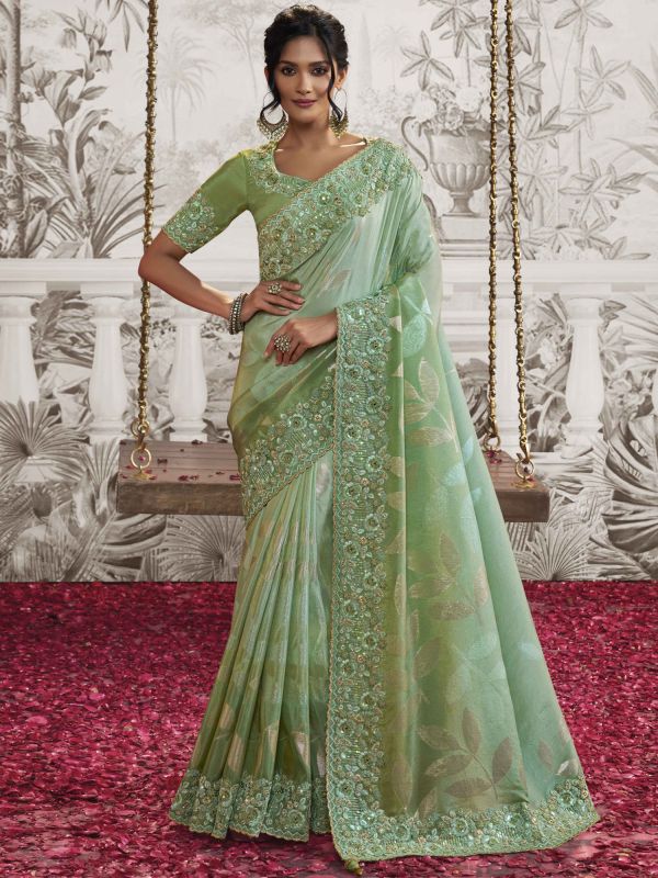Light Green Silk Saree In Floral Thread Embroidery