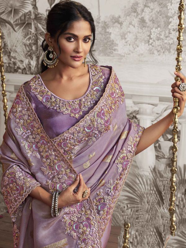 Lilac Floral Work Silk Saree With Embroidered Blouse