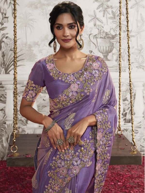 Purple Heavy Floral Bordered Party Saree In Silk