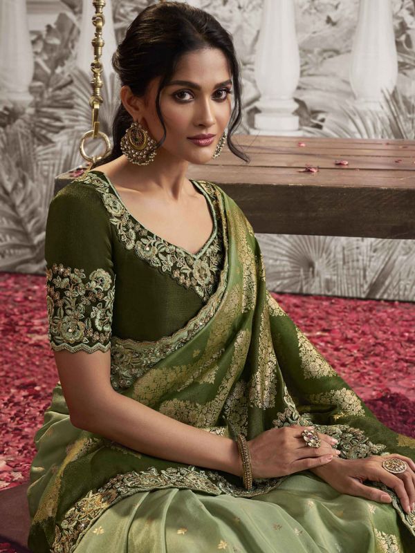 Green Traditional Silk Saree In Floral Zari Embroidery