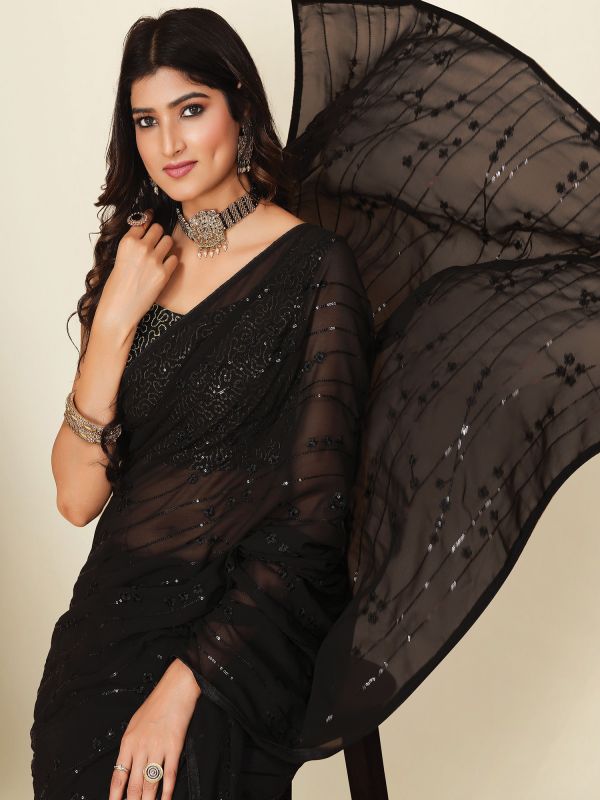 Black Party Wear Sequin Augmented Saree In Georgette