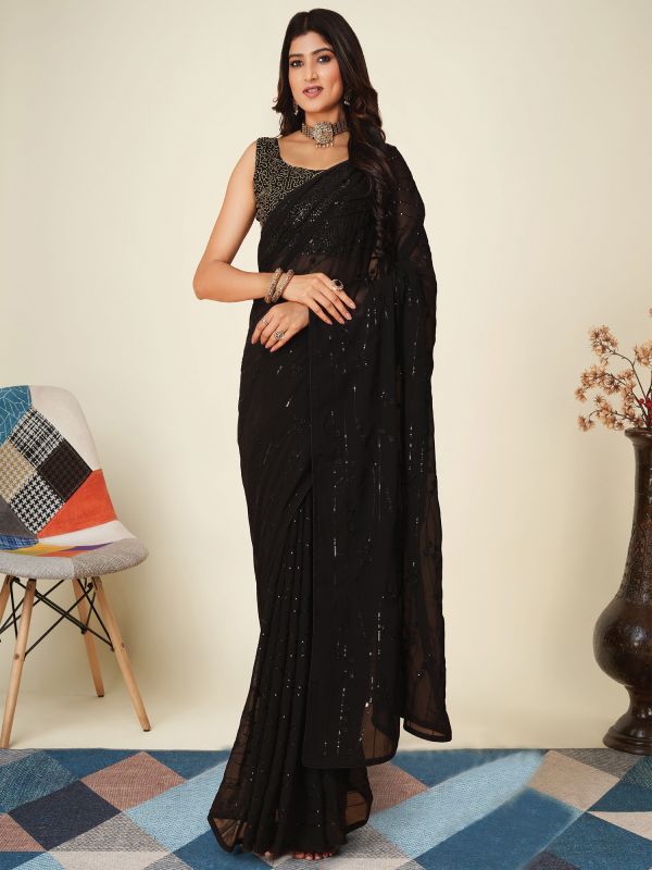 Black Party Wear Sequin Augmented Saree In Georgette