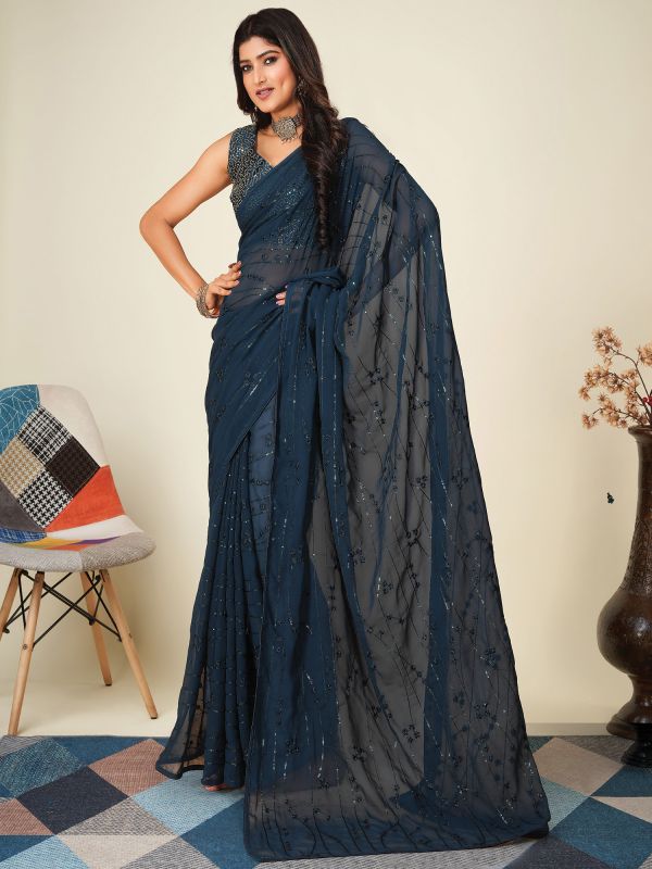 Dark Blue Saree In Georgette With Sequined Blouse