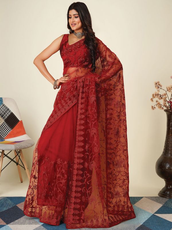 Red Thread Work Casual Saree In Chinon Silk