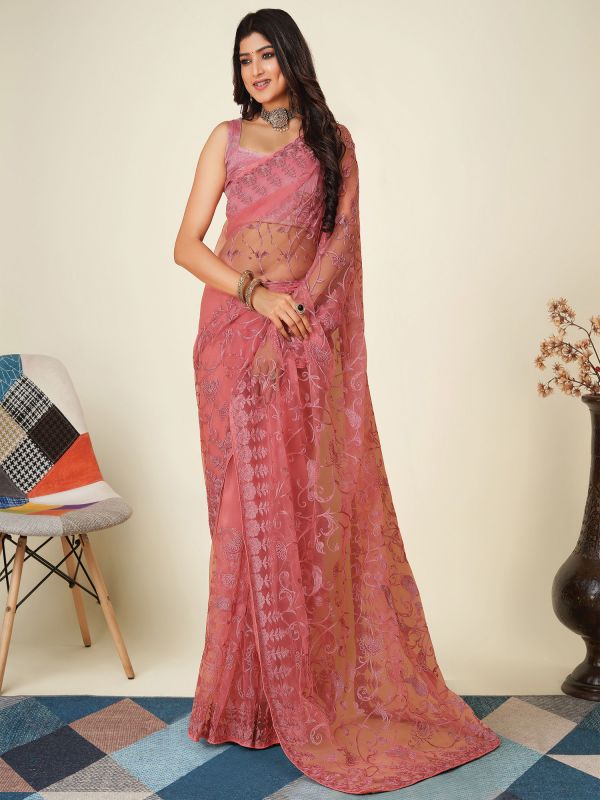 Pink Bridesmaid Silk Saree In Heavy Thread Work