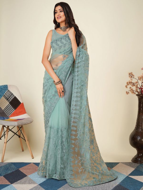 Blue Festive Thread Embroidered Saree In Chinon Silk