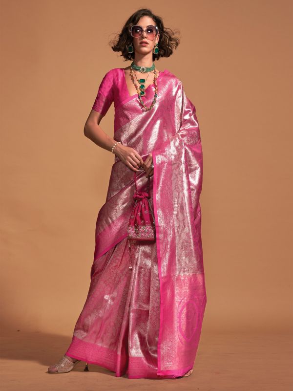 Pink Wedding Silk Saree In Zari Work