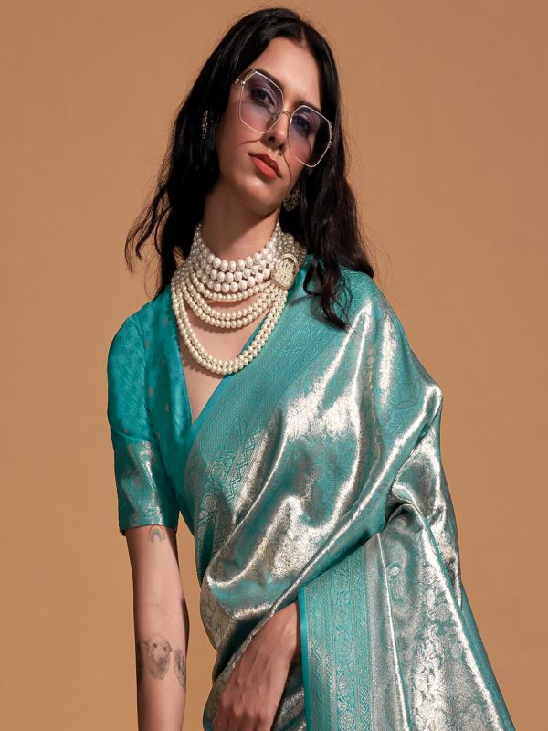 Rama Green Zari Weaving Saree In Silk