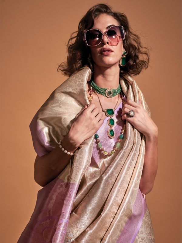 Cream Zari Embellished Party Saree In Silk