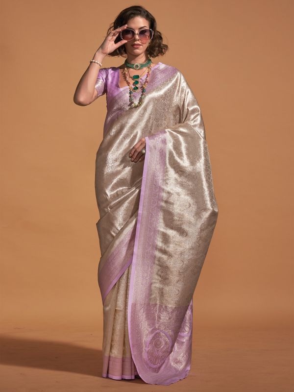 Cream Zari Embellished Party Saree In Silk