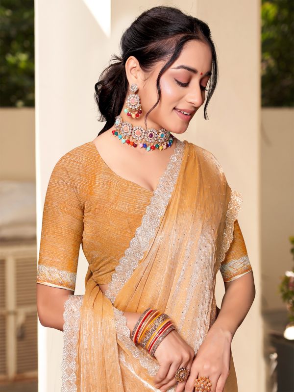 Golden Silk Saree In Stone Embellishments