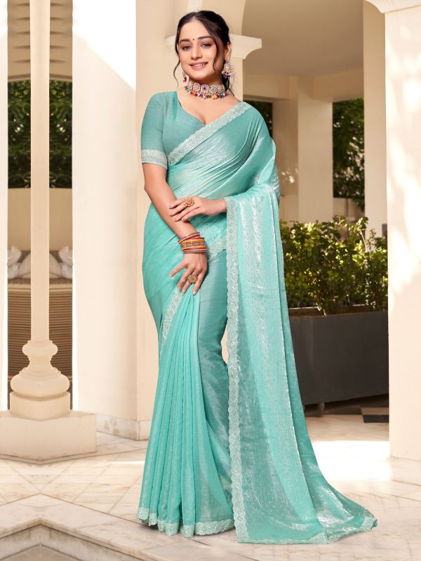 Light Turquoise Party Wear Stone Saree In Silk